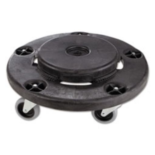 Picture of Brute Round Twist On/Off Dolly    250 Lb Capacity    18" Dia X 6.63"H    Fits 20-55 Gallon Brute Containers    Black